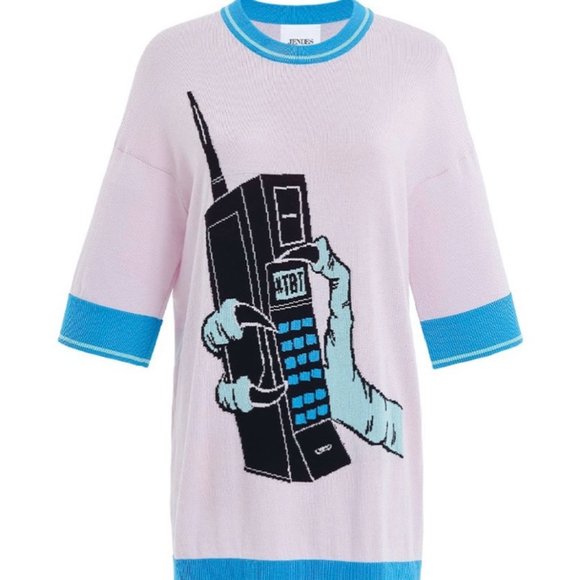 JENDES Mobile Phone Light Pale Pink Soft Knit T-shirt with Blue Rims Size S - Picture 8 of 8